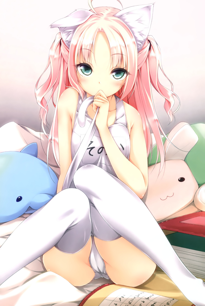 :3 absurdres ahoge animal_ears cat_ears cat_tail eyelashes from_as green_eyes half_updo highres kawauchi_sonoka knees_together_feet_apart luna_lia name_tag one-piece_swimsuit pink_hair school_swimsuit sitting stuffed_animal stuffed_bunny stuffed_toy swimsuit tail thighhighs tsurime two_side_up white_legwear white_school_swimsuit white_swimsuit
