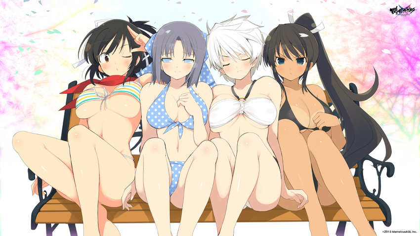 &gt;:( ;o angry aqua_eyes asuka_(senran_kagura) bare_shoulders bench bikini bikini_tan black_bikini black_hair blue_bikini blue_eyes blurry blush bow breast_press breasts brown_eyes buttons cherry_blossoms cleavage closed_eyes closed_mouth company_name copyright_name dated depth_of_field front-tie_bikini front-tie_top frown grey_hair hair_bow hair_ribbon half-closed_eyes halterneck high_ponytail highres homura_(senran_kagura) knees_up large_breasts legs light_smile logo long_hair looking_away marvelousaql miyabi_(senran_kagura) multicolored multicolored_bikini multicolored_clothes multiple_girls navel o-ring o-ring_bikini o-ring_top official_art one_eye_closed open_mouth outdoors park_bench petals polka_dot polka_dot_bikini polka_dot_swimsuit ponytail red_scarf ribbon salute scarf senran_kagura senran_kagura_shinovi_versus short_hair sidelocks sitting skindentation smile spiked_hair string_bikini striped striped_bikini swimsuit tan tanline underboob v-shaped_eyebrows very_long_hair wallpaper white_bikini white_hair widescreen yaegashi_nan yumi_(senran_kagura)