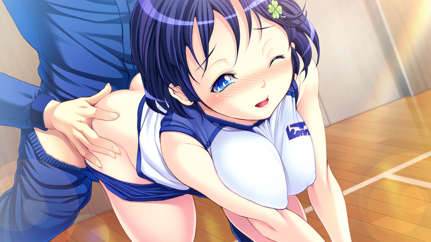 16:9 1girl all_fours ass ass_grab bloomers blue_eyes blue_hair blush breast_squeeze breasts buruburu buruma buruma_pull clothed_sex covered_nipples doggystyle erect_nipples game_cg gym_uniform hair_ornament large_breasts legs one_eye_closed open_mouth sex short_hair sunlight thighs twintails underwear vaginal wince wooden_floor