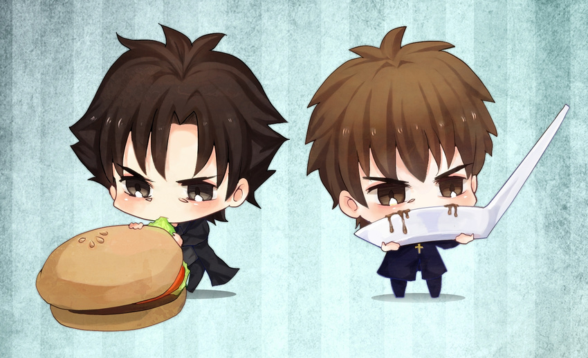 black_eyes black_hair brown_eyes brown_hair chibi eating emiya_kiritsugu fate/zero fate_(series) food hamburger kotomine_kirei mapo_doufu multiple_boys spoon tmkymg