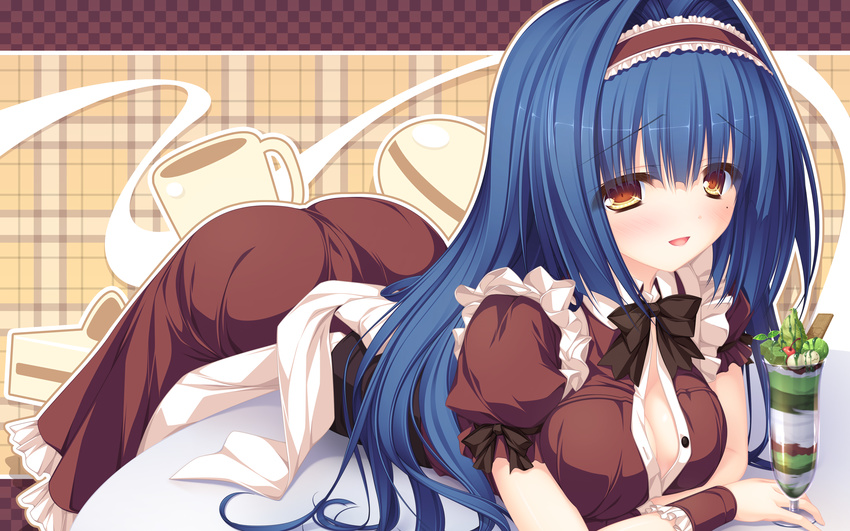 ass blue_hair blush breasts brown_eyes brown_hairband cleavage closed_mouth cuffs dress eyebrows_visible_through_hair fingernails food fruit hair_between_eyes hairband highres justy_x_nasty large_breasts leaning_forward long_hair looking_at_viewer mikagami_mamizu multicolored multicolored_background multicolored_clothes multicolored_dress ootsuki_karin parfait plaid plaid_background puffy_sleeves solo straight_hair
