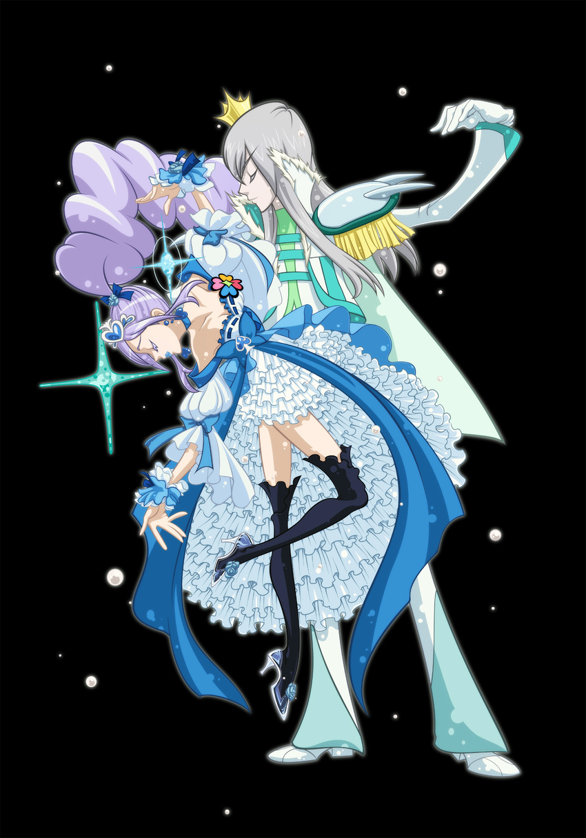 1girl absurdres adapted_costume aono_miki bare_shoulders black_background blue_choker blue_flower blue_rose blue_skirt boots bow cape choker closed_eyes couple crown cure_berry dress epaulettes flower formal fresh_precure! frills hair_ornament hair_ribbon hairband heart heart_hair_ornament hetero high_heels highres jewelry lipstick long_hair magical_girl makeup nashe_taneru precure puffy_sleeves purple_hair ribbon rose shoes side_ponytail silver_hair skirt souler_(fresh_precure!) spade_(shape) thigh_boots thighhighs thighs very_long_hair wrist_cuffs zettai_ryouiki