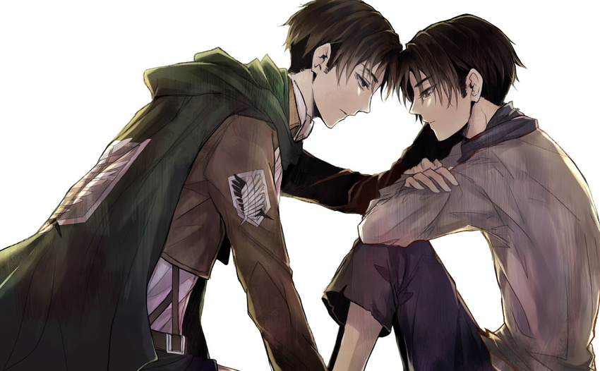 black_eyes black_hair cape dual_persona emblem jacket levi_(shingeki_no_kyojin) multiple_boys paradis_military_uniform rags shingeki_no_kyojin survey_corps_(emblem) xiaogun