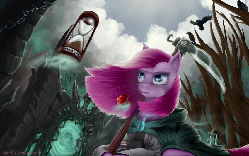 apple blue_eyes book clothing cloud crux9011 equine female friendship_is_magic fruit fur hair horse hourglass mammal my_little_pony outside pink_fur pink_hair pinkamena_(mlp) pinkie_pie_(mlp) pony scythe solo