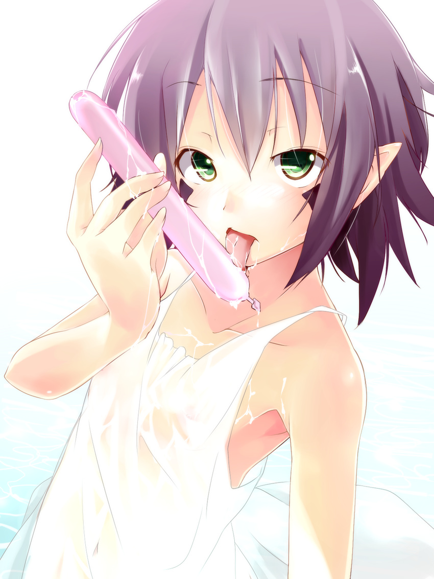 dennryuurai dress facial_mark flat_chest food green_eyes highres merry_nightmare pointy_ears popsicle purple_hair see-through sexually_suggestive short_hair solo wet wet_clothes yumekui_merry