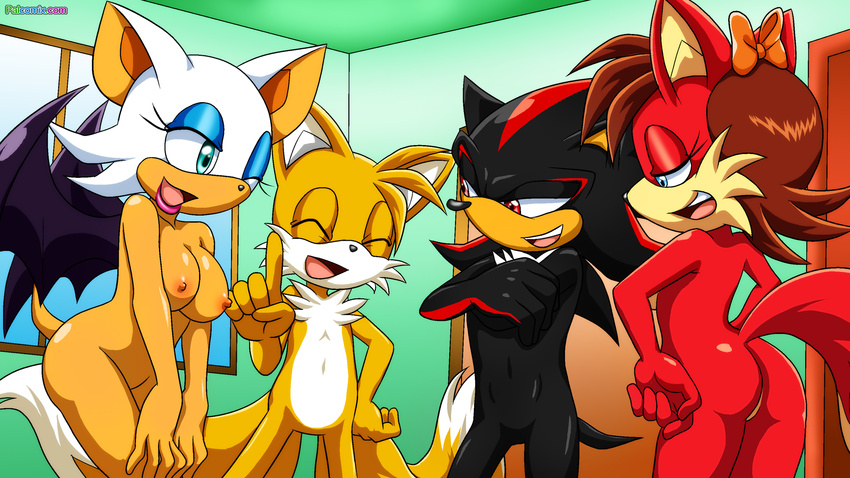 anthro areola bat bbmbbf big_breasts blue_eyes breasts butt canine erect_nipples eyes_closed female fiona_fox fox hedgehog male mammal miles_prower nipples nude one_eye_closed palcomix red_eyes rouge_the_bat sega shadow_the_hedgehog smile sonic_(series) wings wink