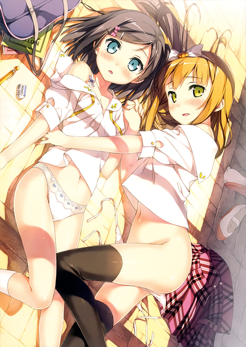 absurdres ass azuki_azusa bag black_hair black_legwear blonde_hair blue_eyes blush bow eraser green_eyes hair_bow hair_ornament hairclip hentai_ouji_to_warawanai_neko. highres holding_hands huge_filesize interlocked_fingers kantoku light_smile long_hair lying mechanical_pencil multiple_girls navel no_pants off_shoulder on_back on_side open_mouth panties pencil pink_panties plaid plaid_skirt pleated_skirt scan school_bag school_uniform serafuku shoes shoes_removed short_hair shoulder_bag side-tie_panties skirt skirt_removed thighhighs tsutsukakushi_tsukiko underwear untied untied_panties uwabaki white_legwear white_panties