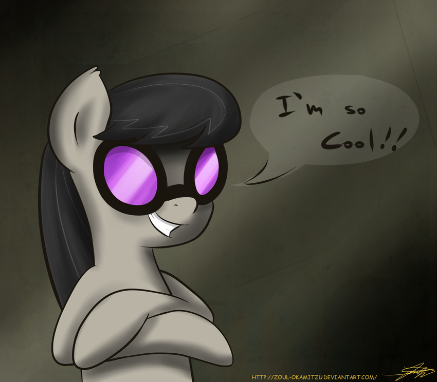 black_hair english_text equine eyewear female feral friendship_is_magic fur glasses gradient_background grey_fur hair horse mammal my_little_pony octavia_(mlp) pony signature simple_background smile solo text zoul-okamitzu