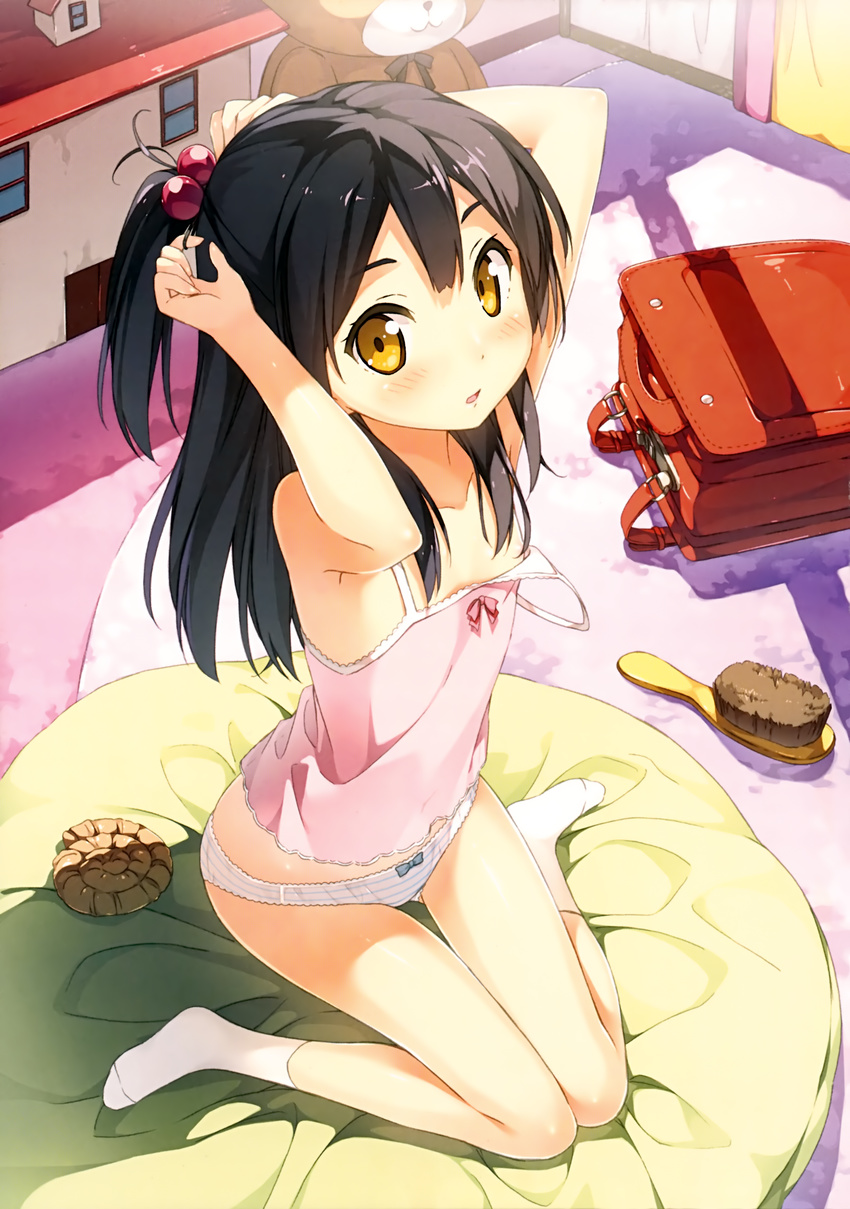 absurdres adjusting_hair armpits arms_up backpack bag black_hair blush bow bow_panties brown_eyes brush camisole convenient_censoring flat_chest from_above hair_bobbles hair_ornament highres kantoku kitashirakawa_anko long_hair looking_at_viewer nipple_slip nipples one_side_up panties petite randoseru scan shell sitting slim_legs socks solo strap_slip striped striped_panties tamako_market tying_hair underwear underwear_only wariza white_legwear white_panties