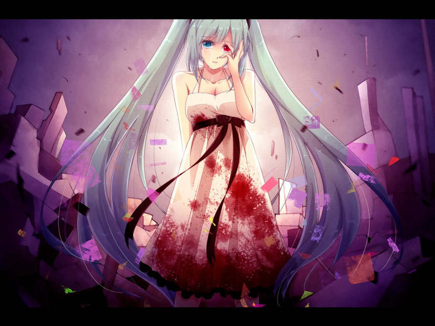 bad_id bad_pixiv_id blood blue_eyes dress green_hair hatsune_miku heterochromia highres izayoi_kura letterboxed long_hair red_eyes solo tears twintails very_long_hair vocaloid