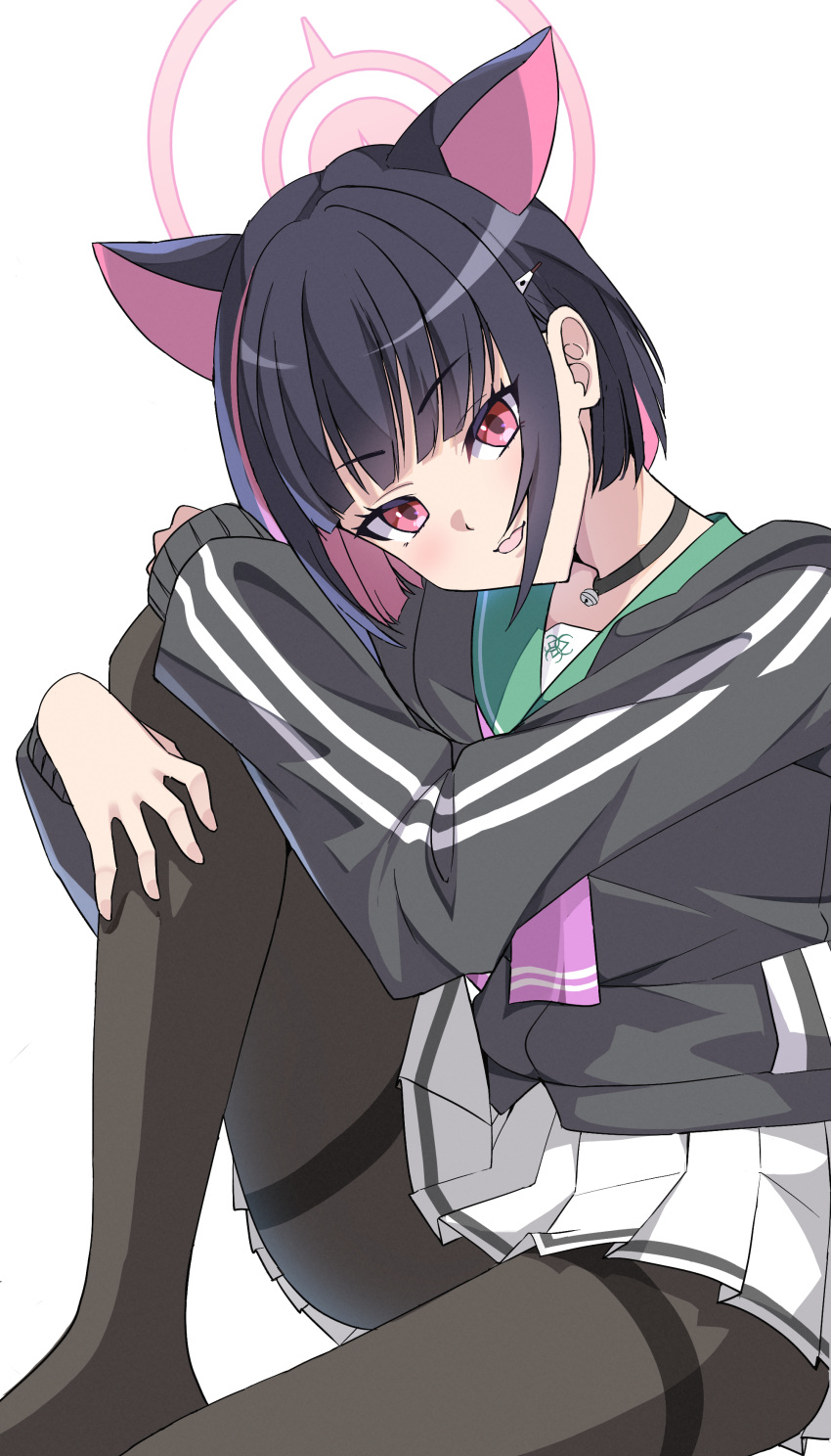 1girl absurdres animal_ears bell black_choker black_hair blue_archive cat_ears choker commentary_request green_sailor_collar grey_jacket grey_pantyhose halo highres jacket jingle_bell kazusa_(blue_archive) knees_up long_sleeves multicolored_hair neck_bell pantyhose parted_lips pink_hair pleated_skirt puffy_long_sleeves puffy_sleeves red_eyes ryoji_minato sailor_collar school_uniform serafuku simple_background sitting skirt smile solo thighband_pantyhose two-tone_hair white_background white_skirt