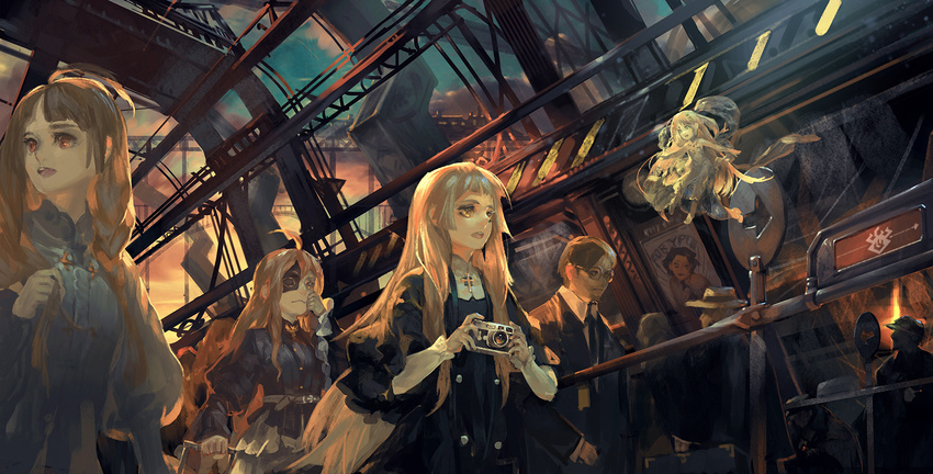 ahoge alcd blonde_hair brown_hair camera crowd dress eyepatch floating highres long_hair multiple_boys multiple_girls open_mouth pixiv_fantasia pixiv_fantasia_new_world red_eyes road scenery street yellow_eyes