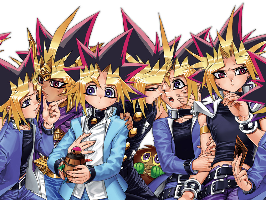 atem blonde_hair blue_eyes blush card domino_high_school_uniform duel_monster gakuran half-closed_eyes hari_(quartzshow) imminent_kiss kuriboh male_focus multicolored_hair multiple_boys mutou_yuugi open_mouth pink_hair red_eyes school_uniform spiked_hair sweat two-tone_hair wince yami_yuugi yaoi yuu-gi-ou yuu-gi-ou_duel_monsters