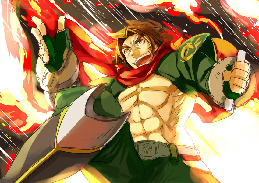 abs blazblue brown_hair fire gloves justanotherkid male_focus scar scarf shishigami_bang smile solo yellow_eyes