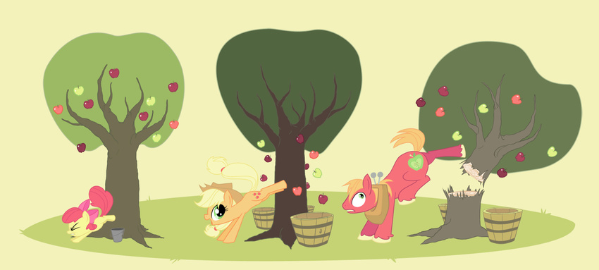 apple_bloom_(mlp) applejack_(mlp) big_macintosh_(mlp) cub cutie_mark equine female feral friendship_is_magic fruit group hat horse justdayside male mammal my_little_pony pony sibling sisters tree wood young