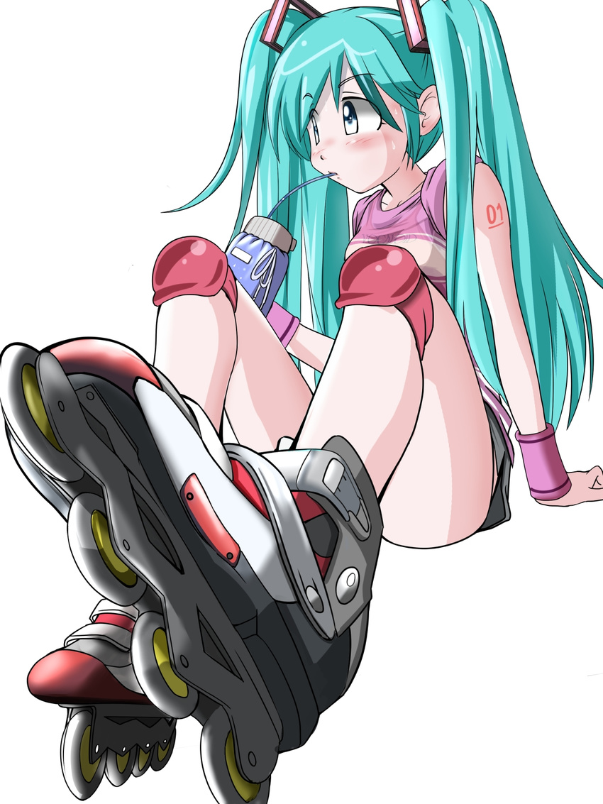 aqua_eyes aqua_hair arm_support bangs blush bottle bra clothes_writing convenient_leg copyright_name drinking drinking_straw eichi1219 foreshortening hair_ornament hatsune_miku highres inline_skates knee_pads long_hair looking_away number roller_skates see-through shirt short_shorts shorts simple_background sitting skates sleeves_rolled_up solo sports_bra sweat tattoo twintails underwear vocaloid water_bottle white_background wristband