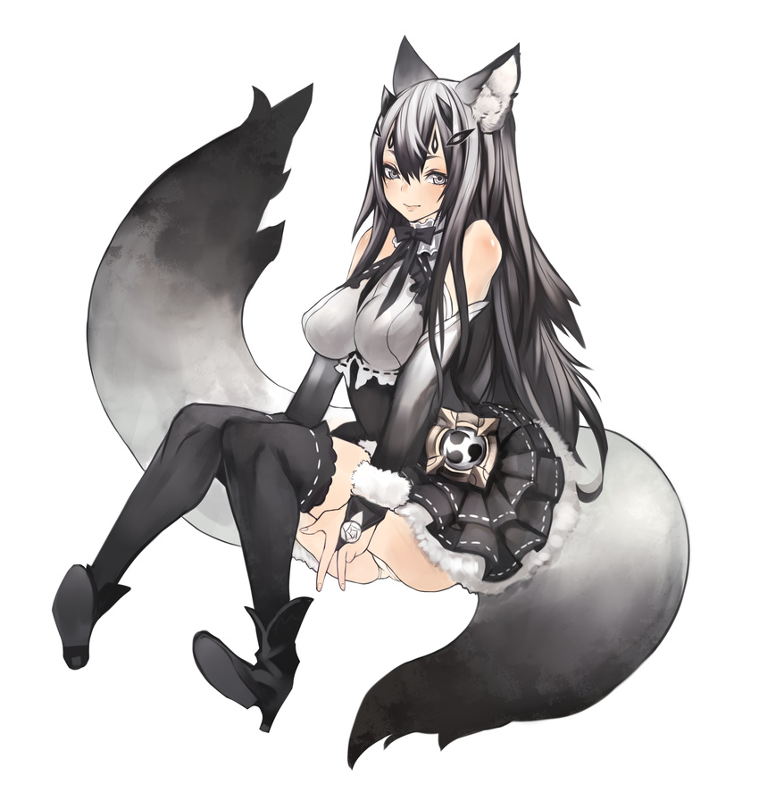 absurdres animal_ears black_eyes black_hair boots bow breasts bridal_gauntlets choker fox_ears fox_tail highres large_breasts long_hair multiple_tails original panties ricci skirt solo tail thighhighs underwear