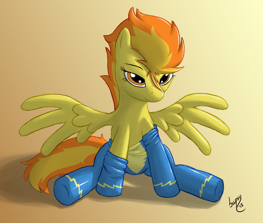 bodysuit equine female feral friendship_is_magic hair horse mammal multi-colored_hair my_little_pony pegasus plain_background pony sitting skinsuit skipsy solo spitfire_(mlp) undressing wing_boner wings wonderbolts_(mlp) yellow_background
