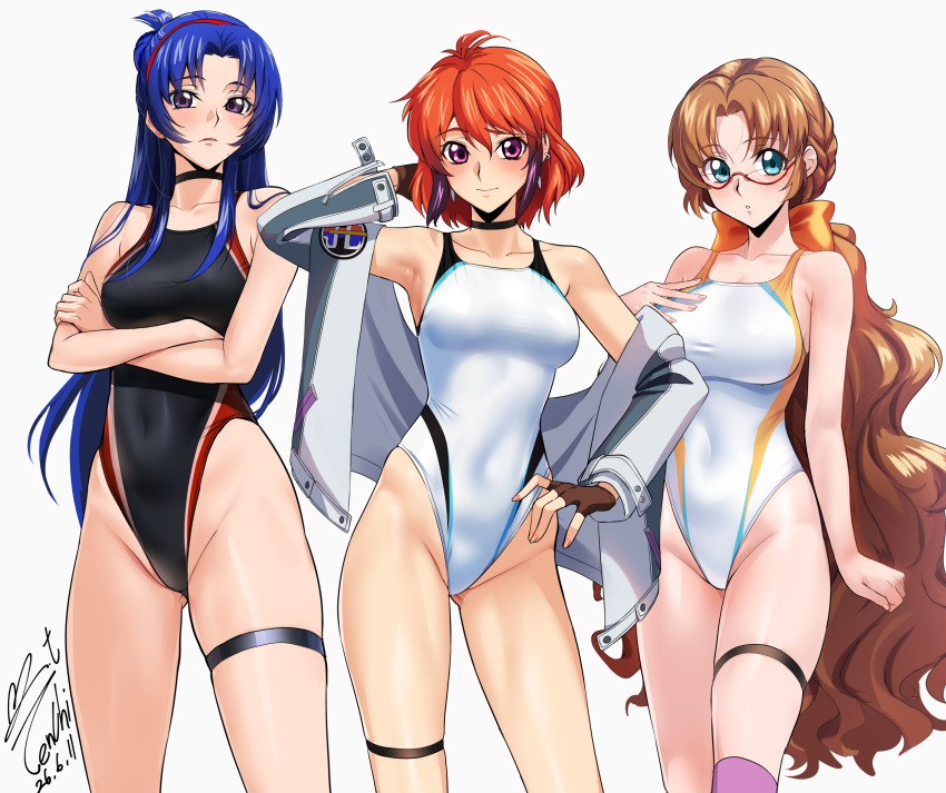 armpits ass_visible_through_thighs bare_arms bare_shoulders black_choker black_one-piece_swimsuit blue_eyes blue_hair blush boots bow breasts brown_gloves brown_hair choker closed_mouth clothing_cutout commentary_request commission competition_swimsuit contrapposto covered_navel crossed_arms dated feet_out_of_frame fingerless_gloves fingernails gloves gradient_hair grey_jacket groin hair_bow hair_bun hairband hand_on_own_ass hand_on_own_chest hand_on_own_hip highleg highleg_one-piece_swimsuit highres ibis_douglas jacket knee_boots large_breasts light_blush long_hair looking_at_viewer md5_mismatch medium_breasts multicolored_hair multicolored_swimsuit nape_braid off_shoulder one-piece_swimsuit open_clothes open_jacket orange_bow orange_hair parted_lips pink_eyes pink_hair pixiv_commission purple_eyes racerback red-tinted_eyewear red_hairband red_one-piece_swimsuit resolution_mismatch revision semi-rimless_eyewear short_hair signature simple_background single_hair_bun sleigh_presty small_sweatdrop source_larger standing super_robot_wars super_robot_wars_original_generation swimsuit teeth thigh_gap thigh_strap thighs tinted_eyewear tsugumi_takakura two-tone_one-piece_swimsuit very_long_hair white_background white_boots white_one-piece_swimsuit yoo_tenchi