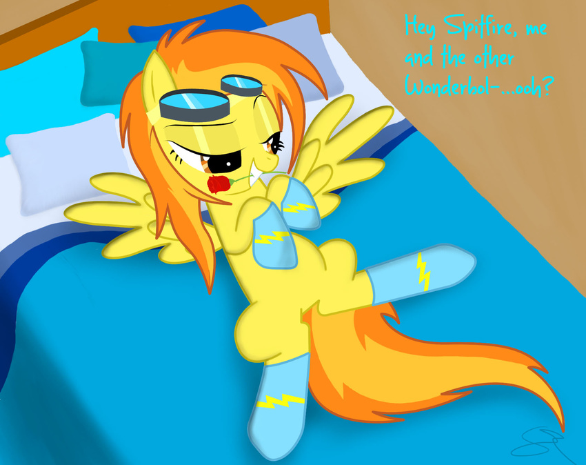 bed bedroom_eyes english_text equine eyewear female feral flower friendship_is_magic goggles hair horse long_hair mammal multi-colored_hair my_little_pony pegasus pony presenting rose socks solo spitfire_(mlp) spitshy spreading text wings wonderbolts_(mlp)