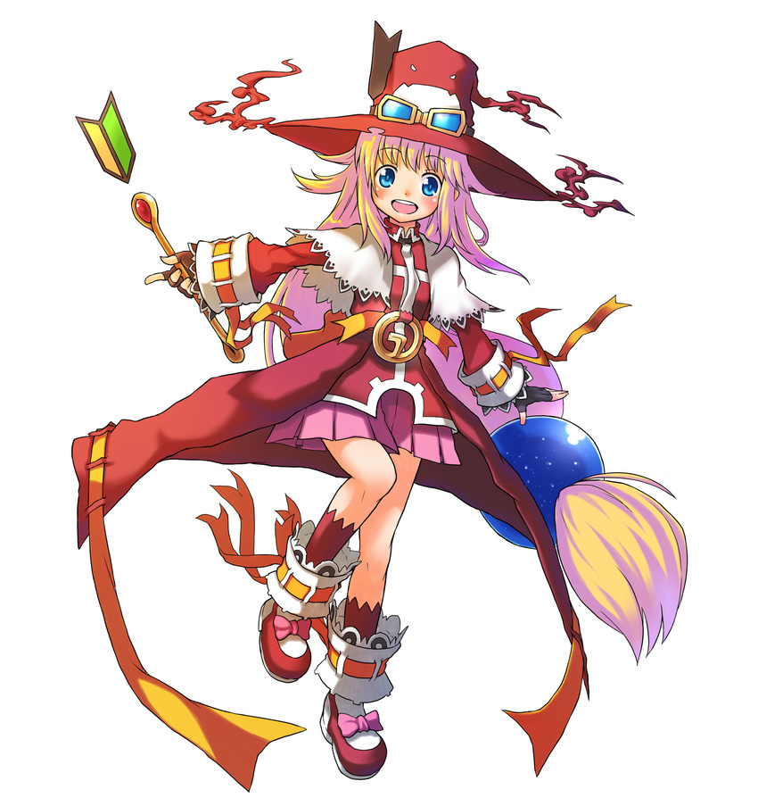absurdres beads blonde_hair blue_eyes fantasy fingerless_gloves full_body gloves goggles hair_beads hair_ornament hat highres kanatarou long_hair looking_at_viewer official_art pril_patowle red_legwear ribbon shoes simple_background skirt smile socks solo trouble_witches trouble_witches_neo very_long_hair wand white_background witch witch_hat