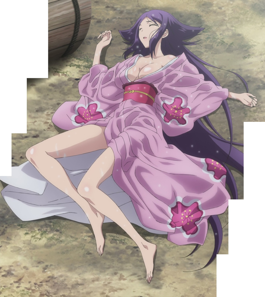barefoot breasts bucket cleavage feet flower highres japanese_clothes kimono large_breasts long_hair lying mushibugyou oharu_(mushibugyou) open_clothes outdoors purple_hair screencap unconscious very_long_hair wet wet_clothes yukata