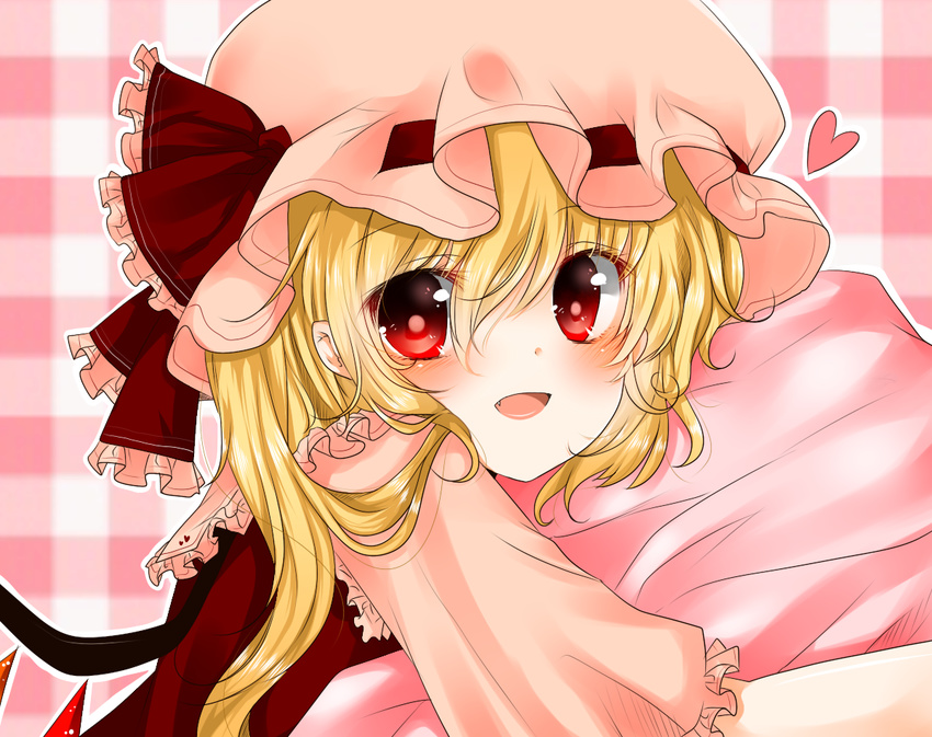 bad_id bad_pixiv_id blonde_hair checkered checkered_background fang flandre_scarlet hat hat_ribbon heart koyashaka looking_at_viewer mob_cap open_mouth pillow pillow_hug pointy_ears red_eyes ribbon short_sleeves side_ponytail solo touhou upper_body vest wings