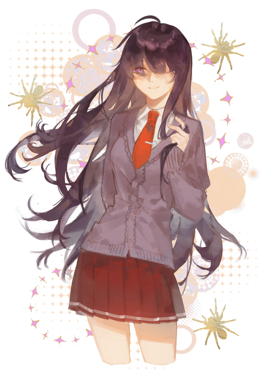 1girl absurdres breasts brown_cardigan brown_hair bug cardigan circle collared_shirt commentary_request cowboy_shot danganronpa:_despair_time eyes_visible_through_hair floating_hair hair_over_eyes highres long_hair looking_to_the_side medium_breasts min_jeung necktie nine0nana patterned_background pleated_skirt purple_eyes red_necktie red_skirt shirt skirt smile solo spider star_(symbol) tie_clip twirling_hair white_background white_shirt