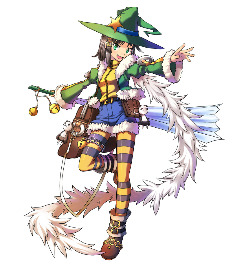 absurdres bag bell belt buckle chain fan fang feather_boa full_body green_eyes harisen hat highres jacket kanatarou keyhole lock looking_at_viewer louis_leondyke messenger_bag official_art outstretched_arms outstretched_hand padlock panda pantyhose short_hair shoulder_bag simple_background skirt smile solo standing standing_on_one_leg striped striped_legwear trouble_witches trouble_witches_ac trouble_witches_neo white_background witch witch_hat