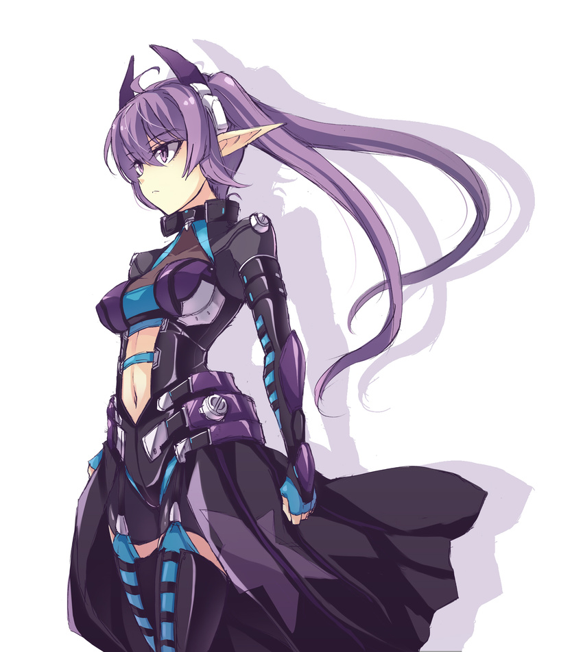 armor clenched_hand elf headgear highres long_hair navel original phantasy_star phantasy_star_online_2 pointy_ears purple_eyes purple_hair shadow simple_background solo thighhighs touya_(the-moon) twintails white_background
