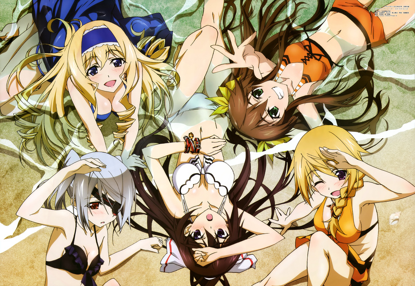 :o ;d absurdres arm_support arm_up ass_visible_through_thighs bangs barefoot beach bikini bikini_skirt blonde_hair blue_eyes blue_hairband blue_sarong blush braid breasts breasts_apart brown_hair cecilia_alcott charlotte_dunois cleavage clenched_hand drill_hair eyepatch frilled_bikini frills from_above front-tie_top green_eyes grin hair_between_eyes hair_over_shoulder hair_ribbon hair_spread_out hairband hand_on_own_stomach highres huang_lingyin huge_filesize infinite_stratos laura_bodewig lipstick long_hair looking_at_viewer lying makeup megami multiple_girls non-web_source official_art on_back one_eye_closed open_mouth outdoors outstretched_arm partially_submerged purple_eyes quad_drills reaching red_eyes ribbon salute sarong scan scrunchie seashell shell shinonono_houki short_hair short_twintails sidelocks silver_hair single_braid sitting small_breasts smile sports_bikini swept_bangs swimsuit tankini twintails v_arms very_long_hair water yamamoto_shuuhei