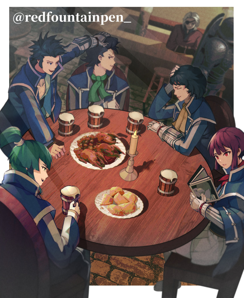 1girl 5boys absurdres ascot black_hair blue_coat blunt_bangs blunt_sidelocks border brick_floor brown_eyes candle candlestand chair coat coat_on_shoulders collared_coat commentary counter cup curly_hair dinner elbow_rest english_commentary eyepatch flynn_(megami_tensei) food gauntlets green_eyes green_hair green_scarf hand_on_own_head hand_on_table high_ponytail highres indoors isabeau_(megami_tensei) jonathan_(megami_tensei) jumpsuit k_(megami_tensei) lapels long_sleeves making-of_available manga_(object) mug multiple_boys navarre_(megami_tensei) on_chair plate pompadour ponytail red_eyes red_hair redfountainpen round_table scarf shin_megami_tensei shin_megami_tensei_iv short_hair short_jumpsuit sidelocks single_gauntlet sitting stool table tankard tavern twitter_username walter_(megami_tensei) white_border white_jumpsuit wooden_table yellow_ascot