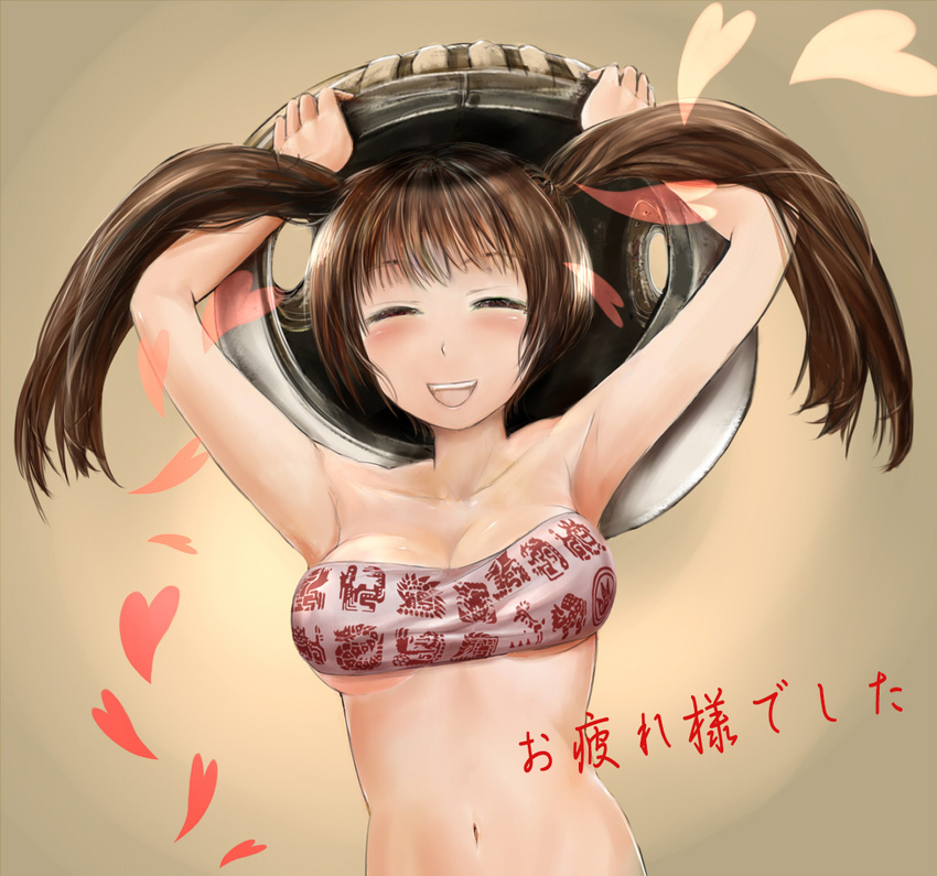 armpits arms_up bandeau breasts brown_hair cleavage closed_eyes heart large_breasts long_hair monster_hunter monster_hunter_frontier navel smile solo twintails zi-dabu