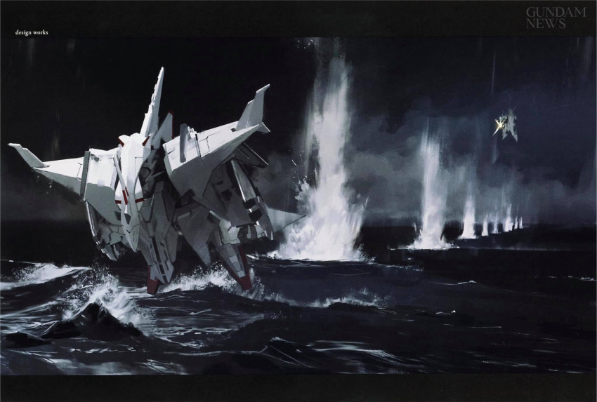 concept_art fighting firing flying full_body gun gundam gundam:_hathaway's_flash highres holding holding_gun holding_shield holding_weapon mecha mobile_suit night ocean pablo_uchida penelope_(hathaway's_flash) robot science_fiction shield third-party_edit third-party_watermark weapon xi_gundam