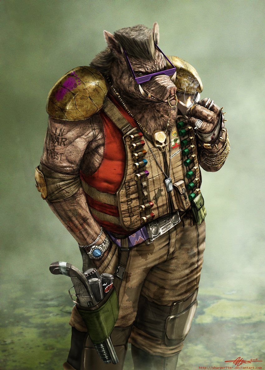 bebop brown_hair cigar cigarette clothing eyewear facial_piercing glasses gun hair jacket male mammal necklace nose_piercing nose_ring pants piercing porcine ranged_weapon sharpwriter shirt solo standing teenage_mutant_ninja_turtles warthog weapon