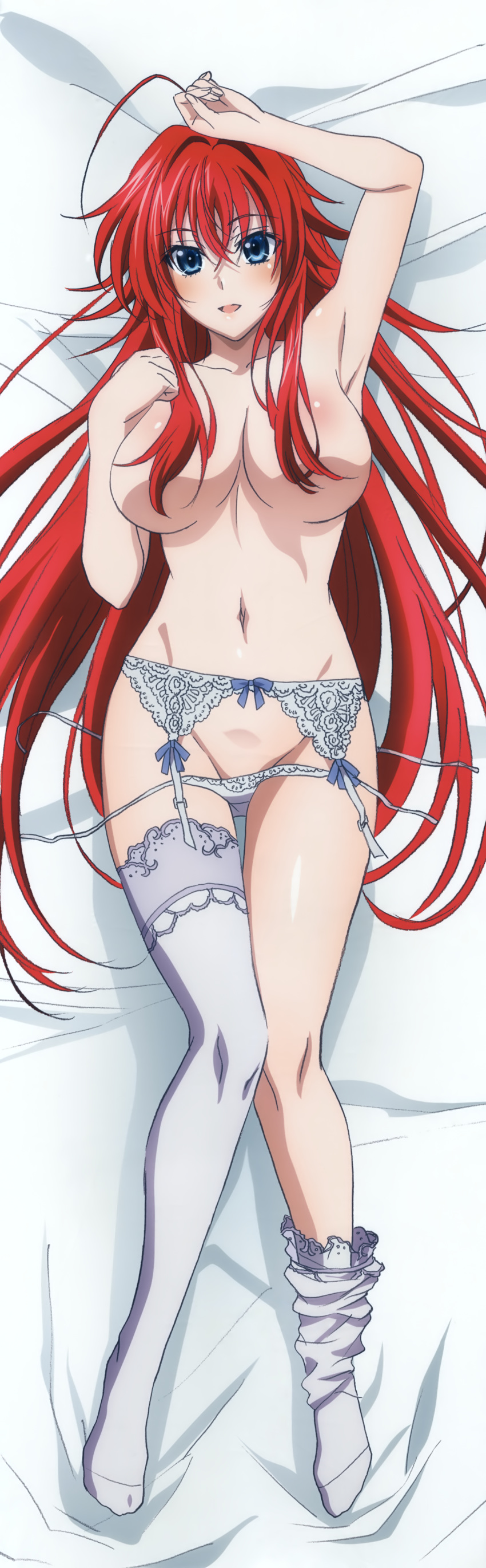 1girl absurdres blue_eyes blush breasts dakimakura feet high_school_dxd high_school_dxd_born highres large_breasts long_hair long_image navel no_shoes official_art red_hair rias_gremory solo tall_image thighhighs