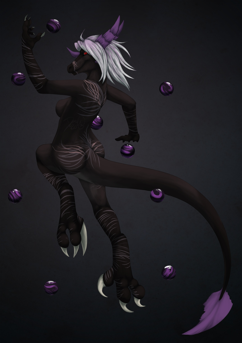 asphyxia black_background black_body breasts claws dinosaur dragon female hair horn limizuki looking_at_viewer nude orb orbs plain_background raptor red_eyes scalie smile solo white_hair