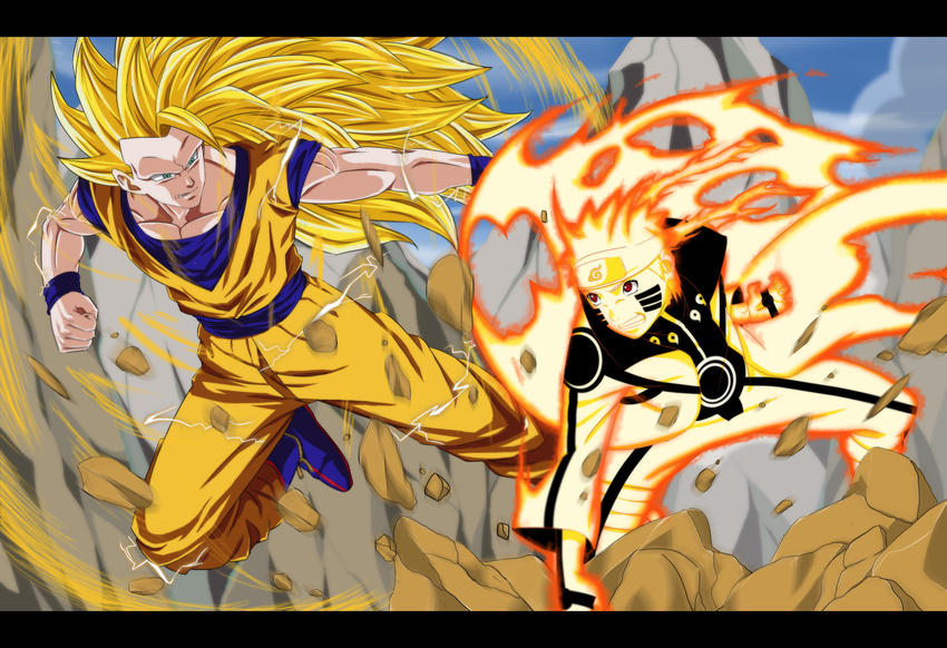 absurdres aura battle blonde_hair cloak crossover dannex009 dragon_ball dragonball dragonball_z forehead_protector highres kyuubi_(naruto) long_hair naruto son_gokuu super_saiyan_3 uzumaki_naruto uzumaki_naruto_(kyuubi_chakra_mode)