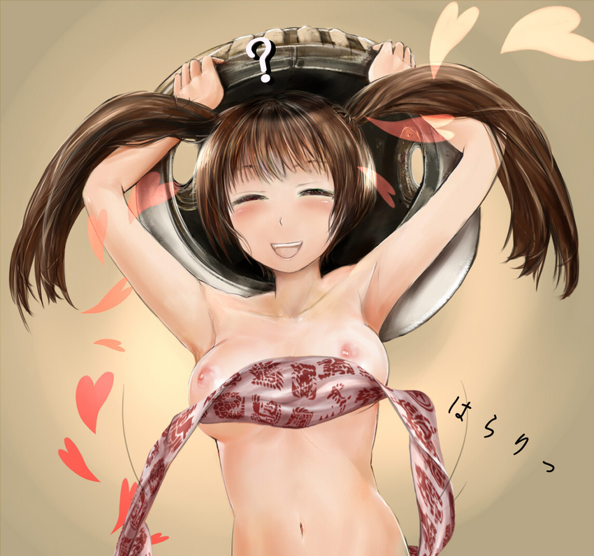 ? armpits arms_up bandeau breasts brown_hair cleavage closed_eyes heart large_breasts long_hair monster_hunter monster_hunter_frontier navel nipples smile solo twintails wardrobe_malfunction zi-dabu