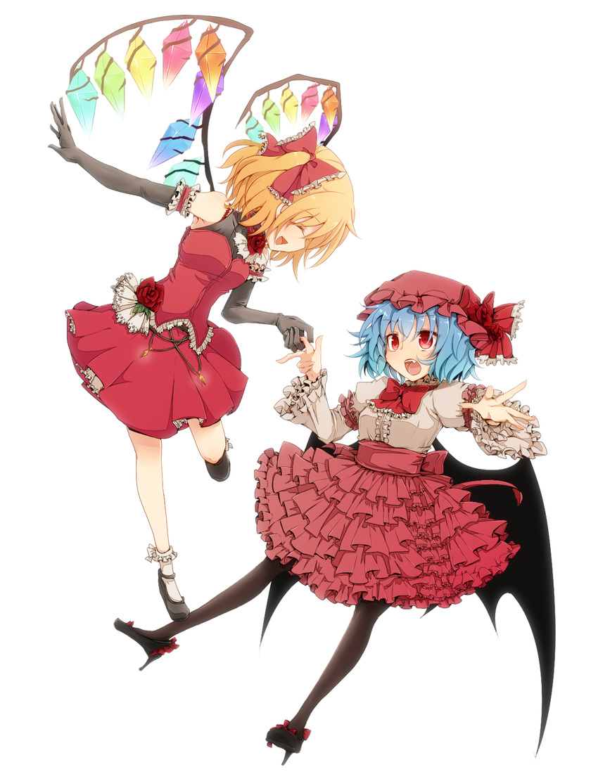 :d :o ^_^ alternate_costume aoi_(annbi) armpits bare_shoulders bat_wings black_gloves black_legwear blonde_hair blue_hair bobby_socks bodice bow bra_strap breasts closed_eyes dancing elbow_gloves embellished_costume fang flandre_scarlet flower flying formal frilled_skirt frills gloves hair_bow hat hat_ribbon high_heels highres holding_hands juliet_sleeves long_sleeves mary_janes medium_breasts mob_cap multiple_girls no_hat no_headwear open_mouth pantyhose puffy_sleeves red_eyes red_flower red_rose remilia_scarlet ribbon rose shirt shoes siblings side_ponytail simple_background sisters skirt skirt_set smile socks too_many too_many_frills touhou white_background wide_sleeves wings
