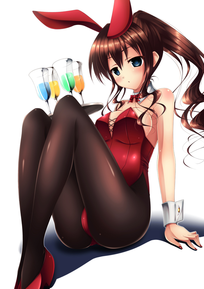 absurdres animal_ears arm_support blue_eyes breasts brown_hair bunny_ears bunny_girl bunnysuit detached_sleeves glass high_heels highres jk-ff large_breasts long_hair nail_polish open_mouth original pantyhose shoes simple_background sitting solo tray wrist_cuffs