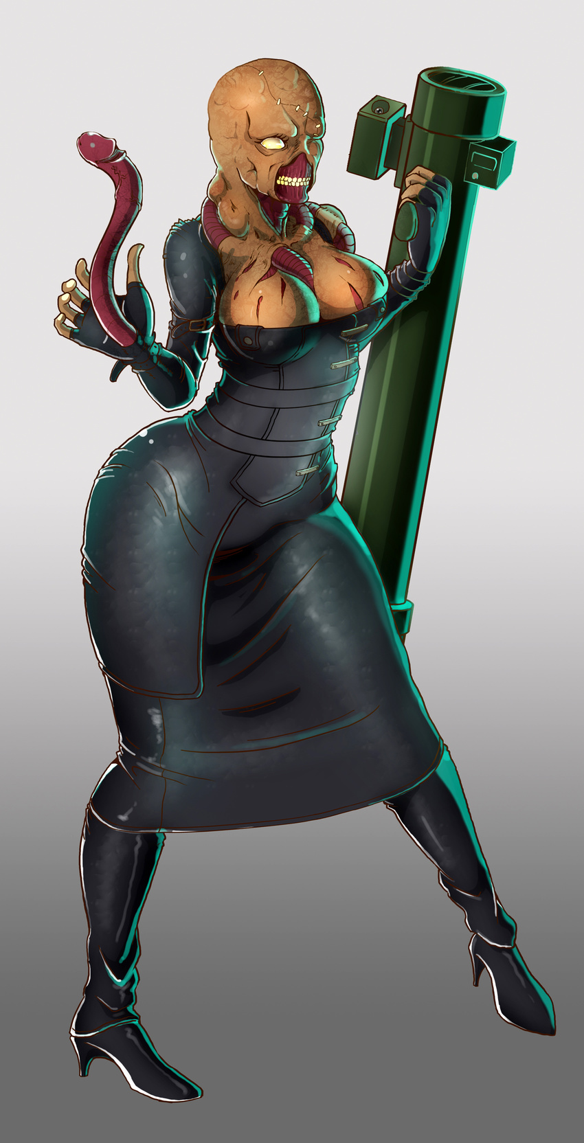 absurd_res big_breasts breasts crossgender dickgirl heels hi_res intersex kicktyan kicktyan_(artist) monster mutant nemesis nightmare_fuel penis ranged_weapon resident_evil rocket_launcher smile solo teeth tentacles weapon