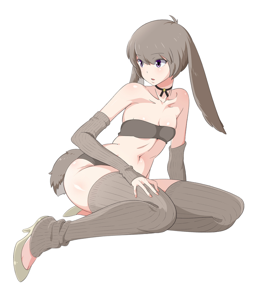 9aki animal_ears bandeau breasts brown_hair bunny_ears bunny_tail fingerless_gloves gloves high_heels highres leg_warmers neck_ribbon original panties purple_eyes ribbon shoes small_breasts solo tail thighhighs underwear