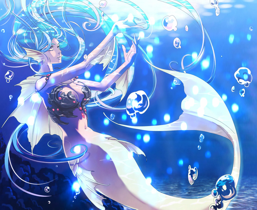 blue_hair fin_ear fish_tail highres mermaid monster_girl original underwater