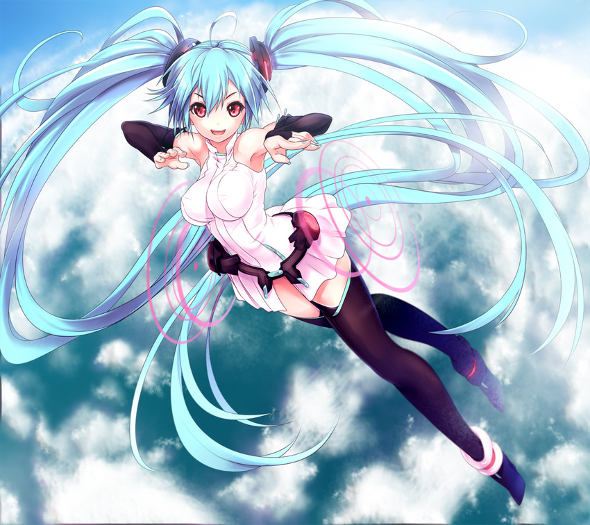 ahoge aqua_hair bridal_gauntlets hatsune_miku hatsune_miku_(append) highres long_hair red_eyes solo sora_to_umi thighhighs twintails very_long_hair vocaloid vocaloid_append