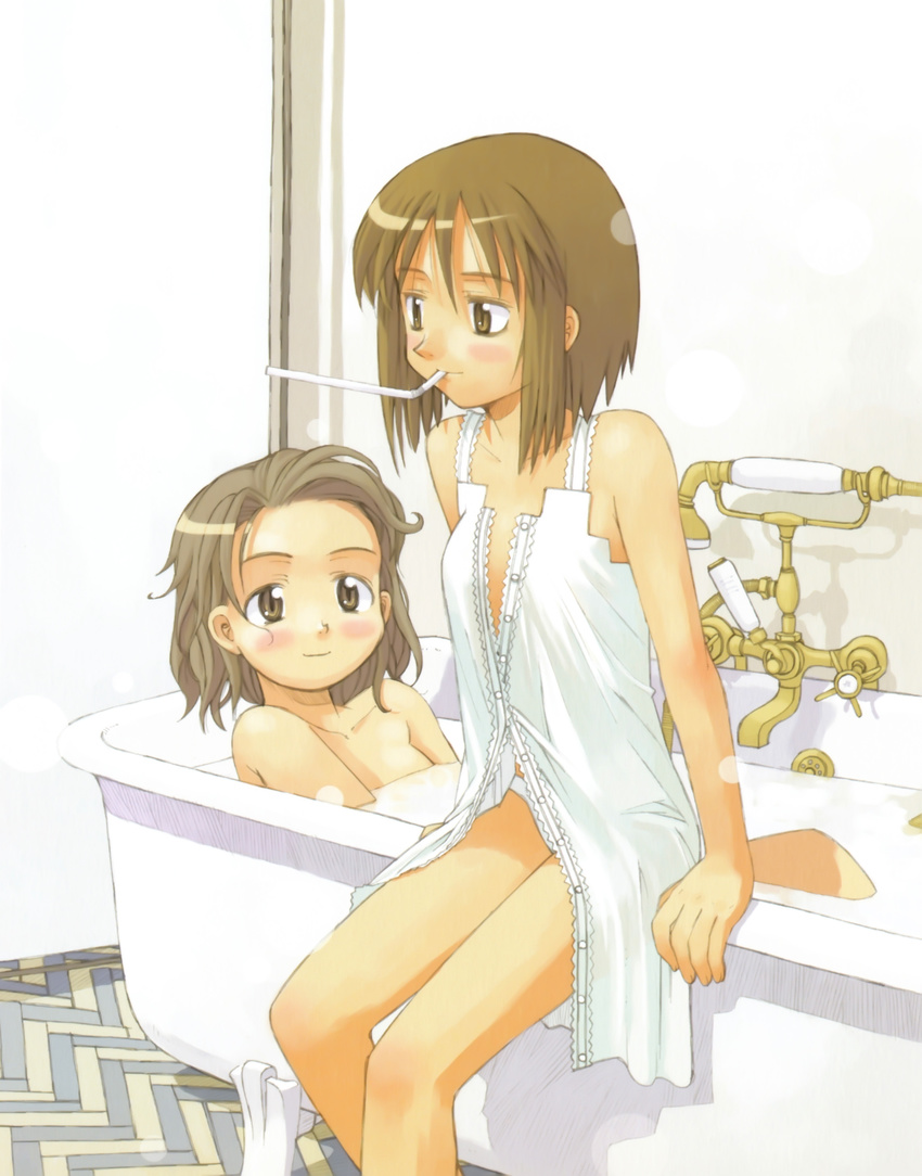 absurdres bathing brown_eyes brown_hair drinking_straw highres kuroboshi_kouhaku multiple_girls original panties short_hair sitting underwear