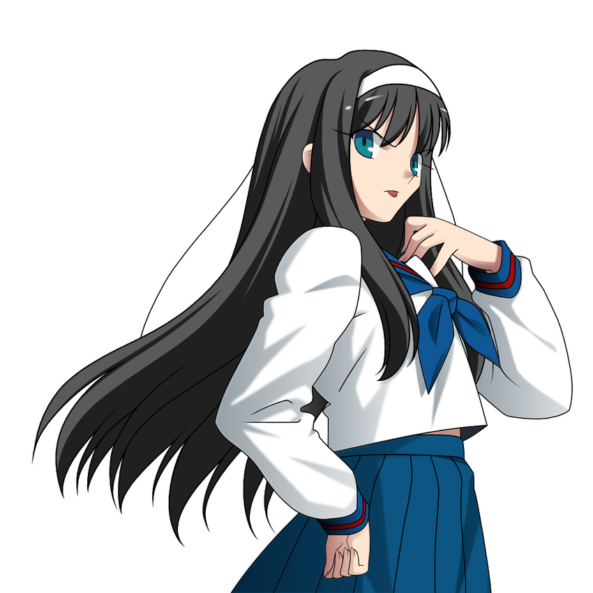 black_hair blue_eyes long_hair melty_blood school_uniform solo takeuchi_takashi tongue toono_akiha tsukihime vector_trace