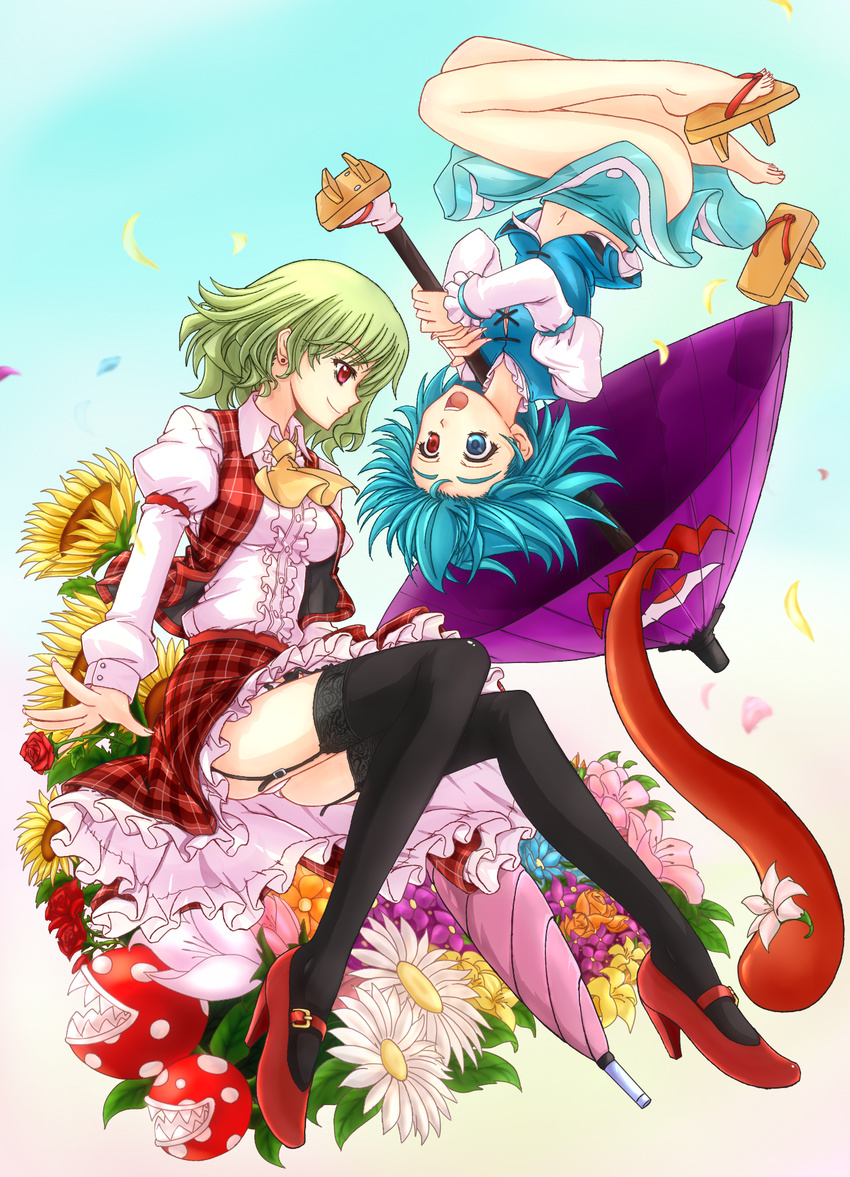 arm_garter ascot bare_legs barefoot black_legwear blue_eyes blue_hair closed_umbrella commentary earrings flower garter_straps geta green_hair heterochromia high_heels highres jewelry karakasa_obake kazami_yuuka legs mario_(series) mary_janes mickey_dunn midriff multiple_girls orange_flower orange_rose panties petals piranha_plant plaid plaid_skirt plaid_vest puffy_sleeves red_eyes red_flower red_rose rose sandals shoes short_hair single_shoe skirt skirt_set smile sunflower super_mario_bros. tatara_kogasa thighhighs tongue touhou umbrella underwear upside-down vest