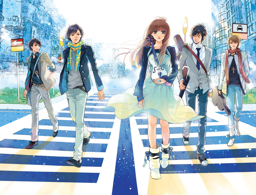 4boys backlighting black_hair brown_hair crosswalk dress guitar_case instrument instrument_case jacket male_focus multiple_boys original pants road_sign scarf sign tung&amp;daisy umbrella violin walking