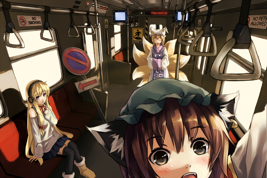 alternate_costume animal_ears blonde_hair brown_eyes brown_hair cat_ears chen contemporary face fox_tail hands_in_opposite_sleeves hat headphones long_hair multiple_girls multiple_tails road_sign self_shot short_hair sign tail thighhighs touhou train_interior vanishing_point warning_sign xiao_qiang_(overseas) yakumo_ran yakumo_yukari